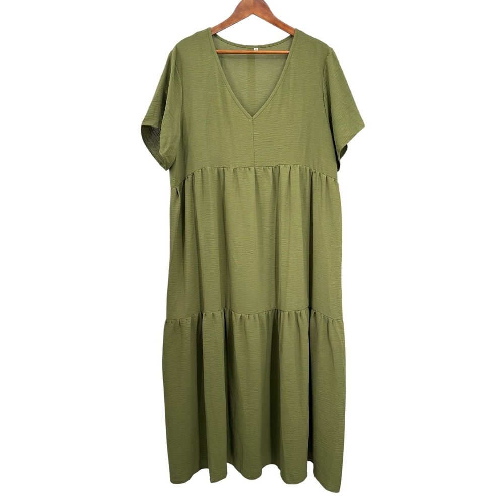 Tiered Maxi Dress Short Sleeve Olive Green V-Neck A-Line Women's Size 1XL